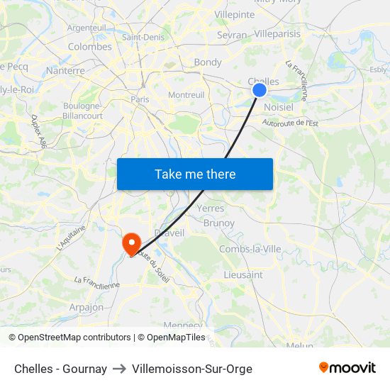 Chelles - Gournay to Villemoisson-Sur-Orge map