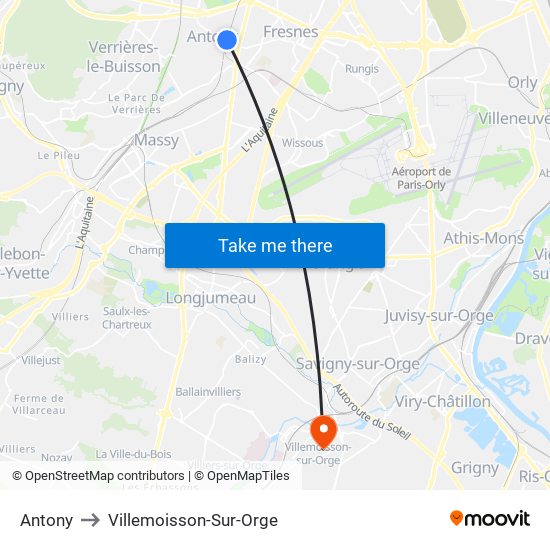 Antony to Villemoisson-Sur-Orge map