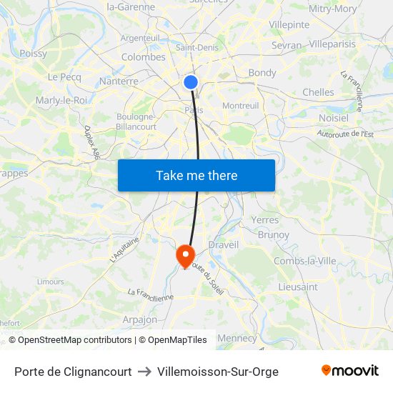 Porte de Clignancourt to Villemoisson-Sur-Orge map
