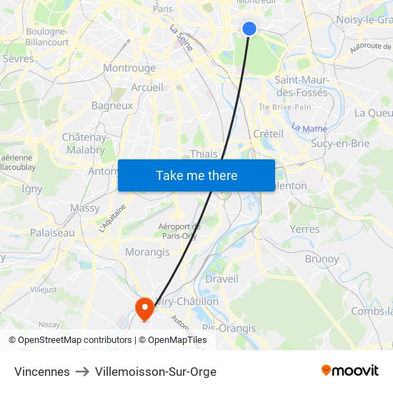 Vincennes to Villemoisson-Sur-Orge map
