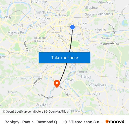 Bobigny - Pantin - Raymond Queneau to Villemoisson-Sur-Orge map