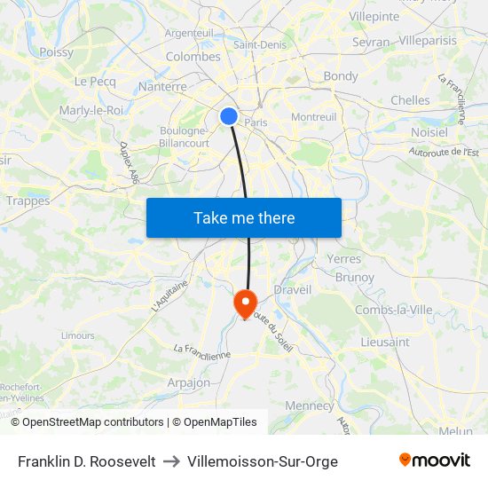 Franklin D. Roosevelt to Villemoisson-Sur-Orge map