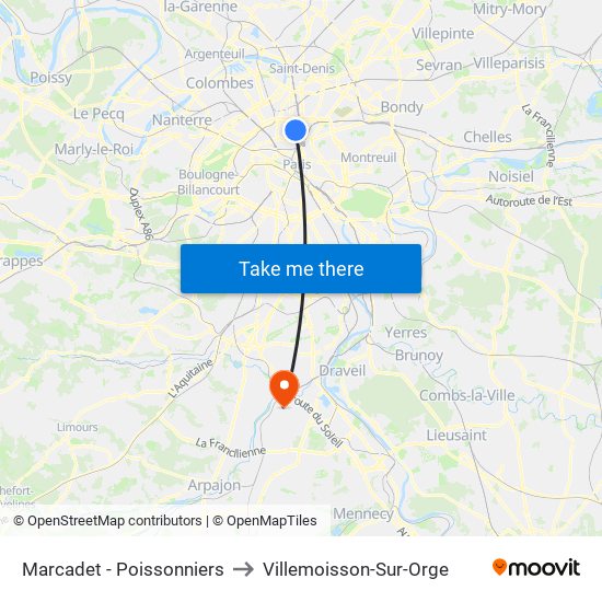 Marcadet - Poissonniers to Villemoisson-Sur-Orge map