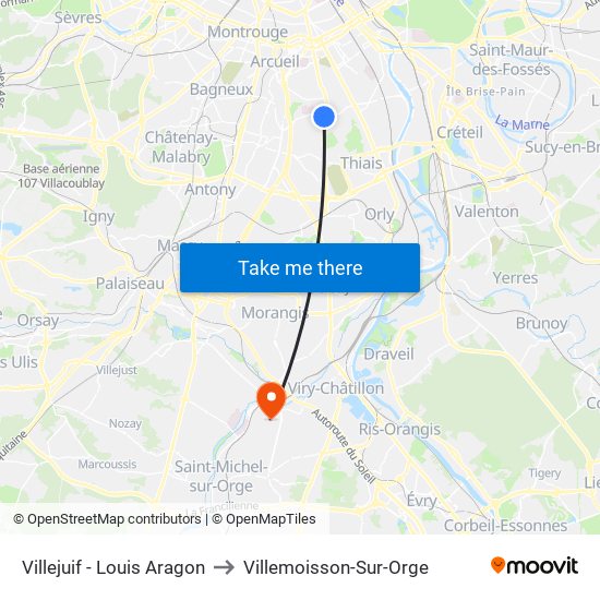 Villejuif - Louis Aragon to Villemoisson-Sur-Orge map