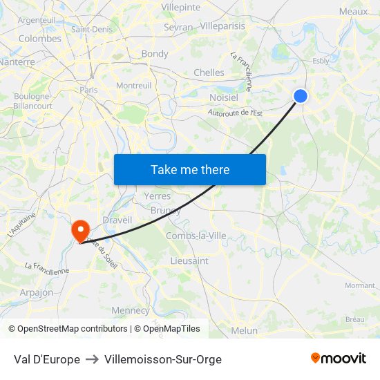 Val D'Europe to Villemoisson-Sur-Orge map