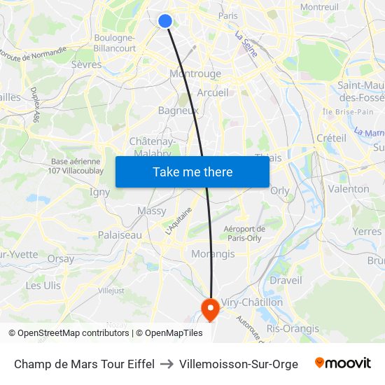 Champ de Mars Tour Eiffel to Villemoisson-Sur-Orge map