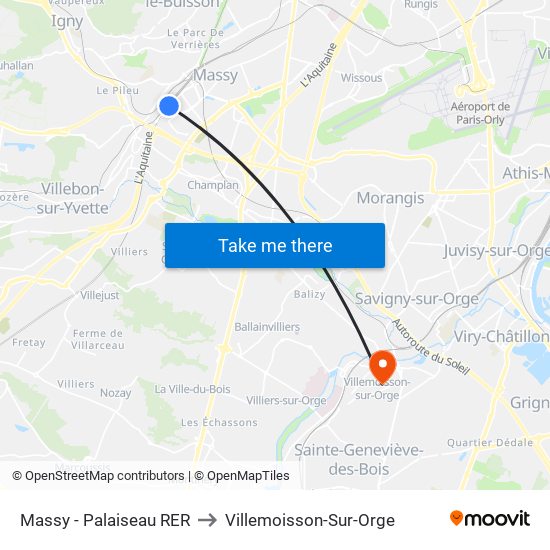 Massy - Palaiseau RER to Villemoisson-Sur-Orge map