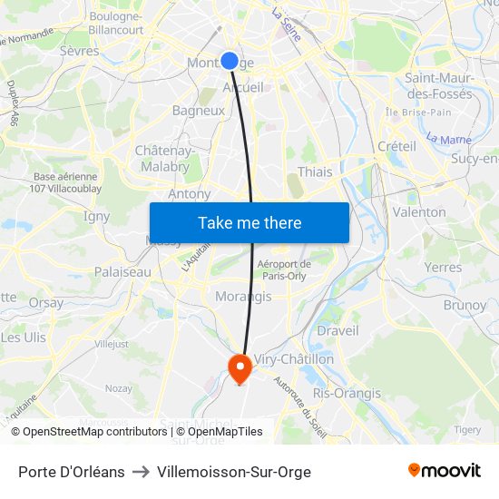 Porte D'Orléans to Villemoisson-Sur-Orge map