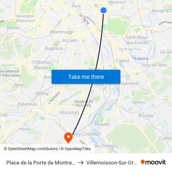 Place de la Porte de Montreuil to Villemoisson-Sur-Orge map