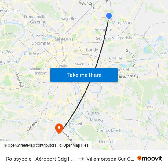 Roissypole - Aéroport Cdg1 (E2) to Villemoisson-Sur-Orge map