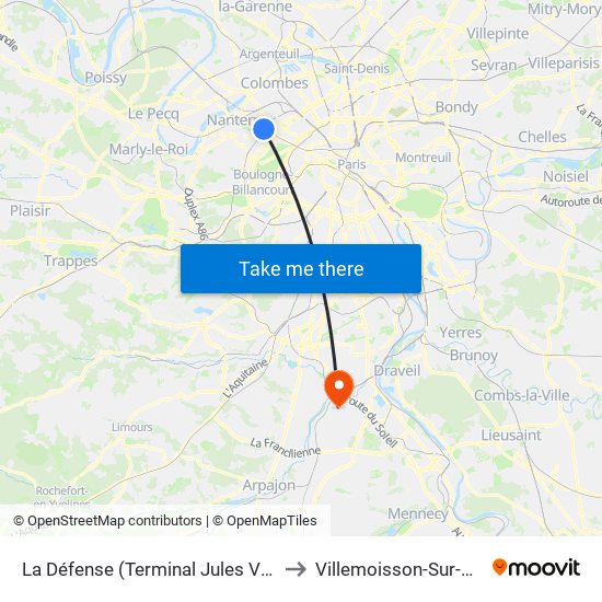 La Défense (Terminal Jules Verne) to Villemoisson-Sur-Orge map