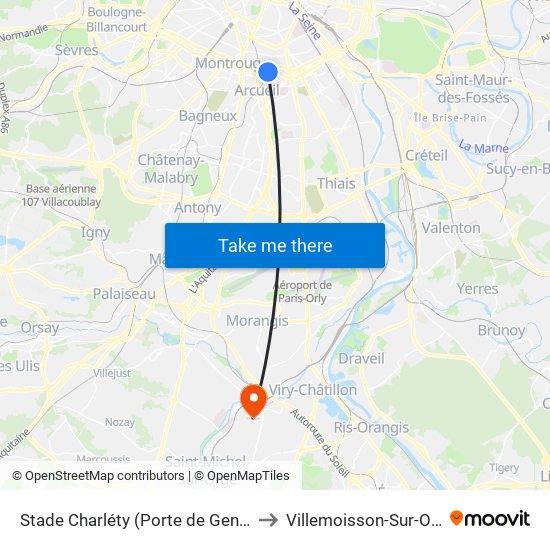 Stade Charléty (Porte de Gentilly) to Villemoisson-Sur-Orge map