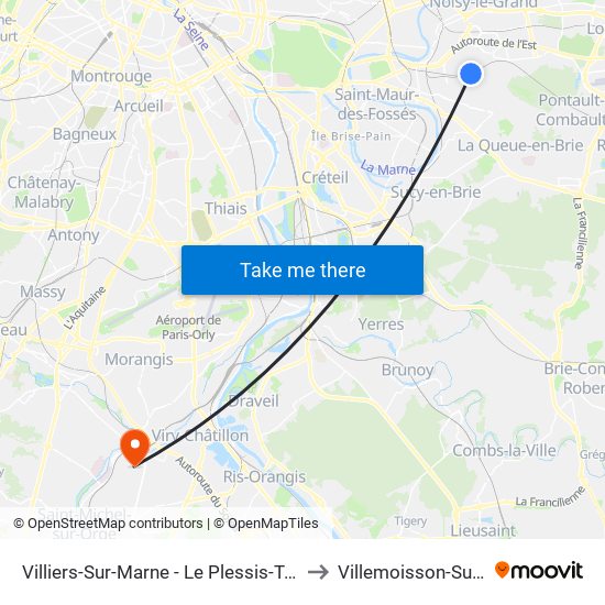 Villiers-Sur-Marne - Le Plessis-Trévise RER to Villemoisson-Sur-Orge map