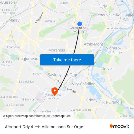 Aéroport Orly 4 to Villemoisson-Sur-Orge map