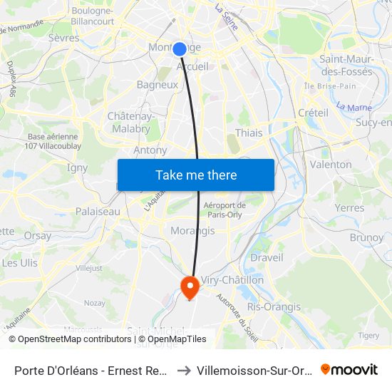 Porte D'Orléans - Ernest Reyer to Villemoisson-Sur-Orge map