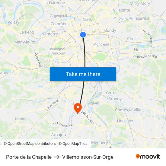 Porte de la Chapelle to Villemoisson-Sur-Orge map