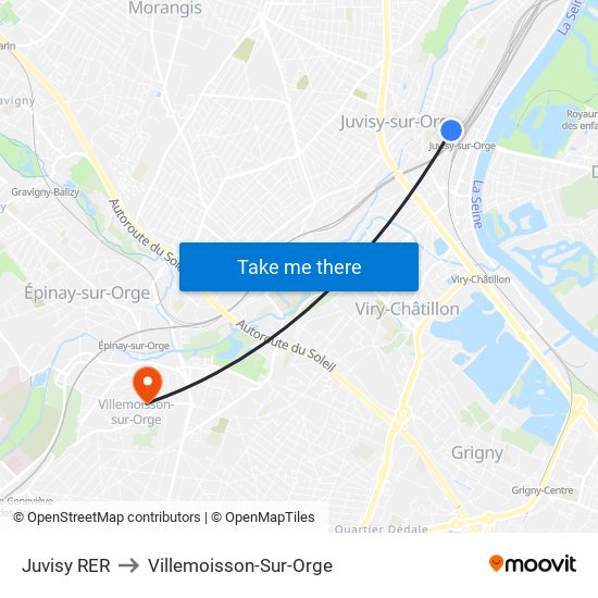 Juvisy RER to Villemoisson-Sur-Orge map