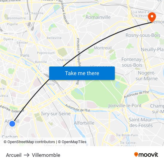 Arcueil to Villemomble map