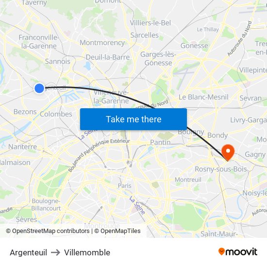 Argenteuil to Villemomble map