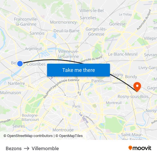 Bezons to Villemomble map