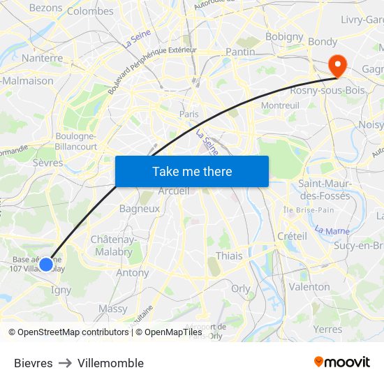 Bievres to Villemomble map