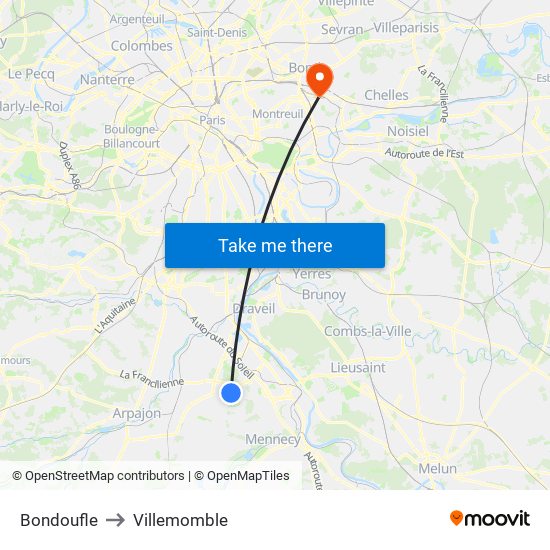 Bondoufle to Villemomble map