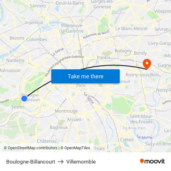 Boulogne-Billancourt to Villemomble map