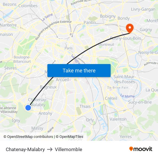 Chatenay-Malabry to Villemomble map