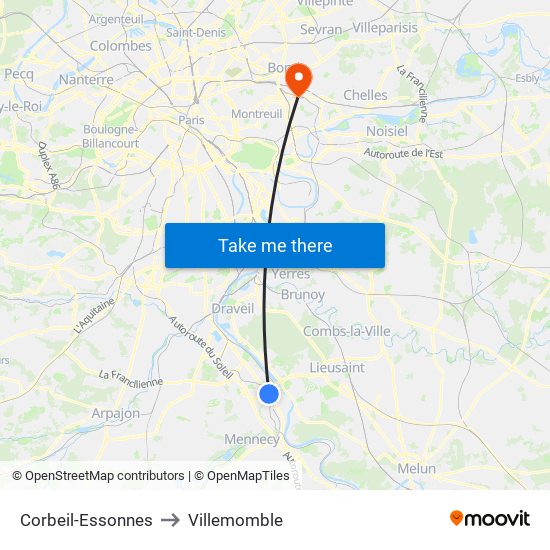 Corbeil-Essonnes to Villemomble map