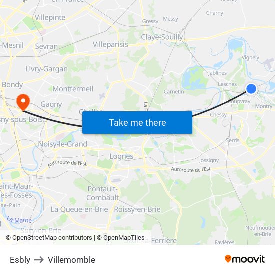 Esbly to Villemomble map