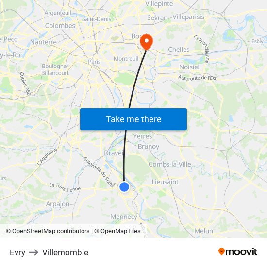 Evry to Villemomble map