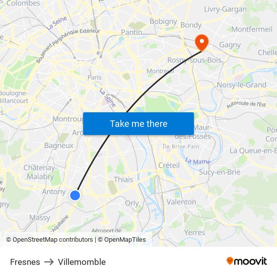 Fresnes to Villemomble map