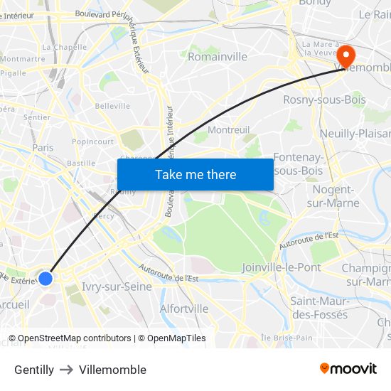 Gentilly to Villemomble map