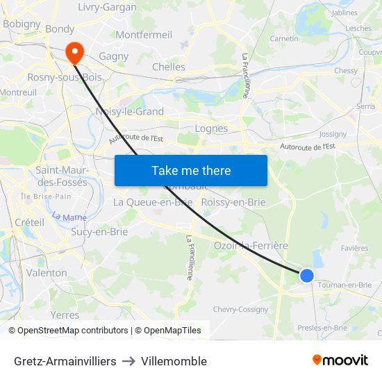 Gretz-Armainvilliers to Villemomble map