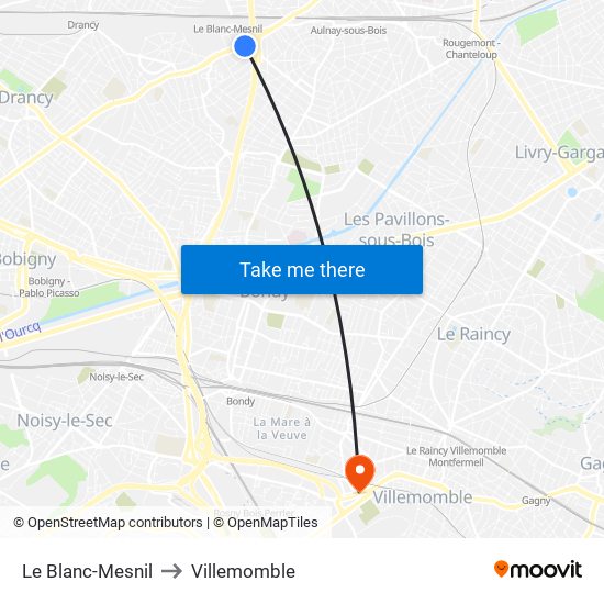 Le Blanc-Mesnil to Villemomble map