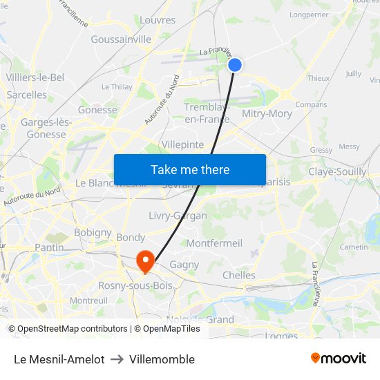 Le Mesnil-Amelot to Villemomble map