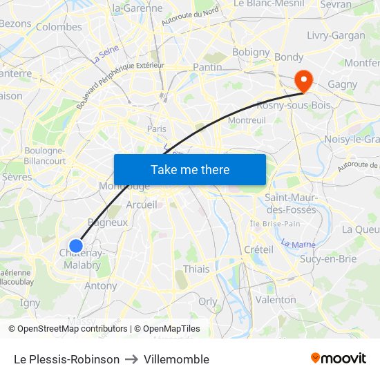 Le Plessis-Robinson to Villemomble map