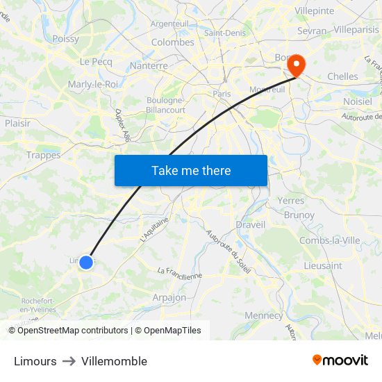Limours to Villemomble map