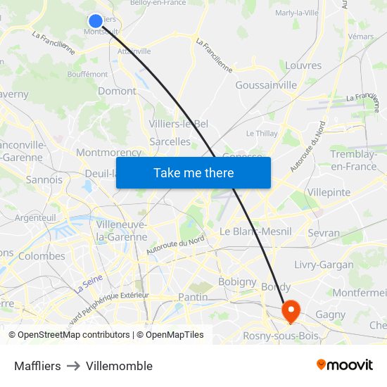 Maffliers to Villemomble map