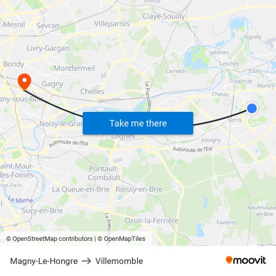 Magny-Le-Hongre to Villemomble map