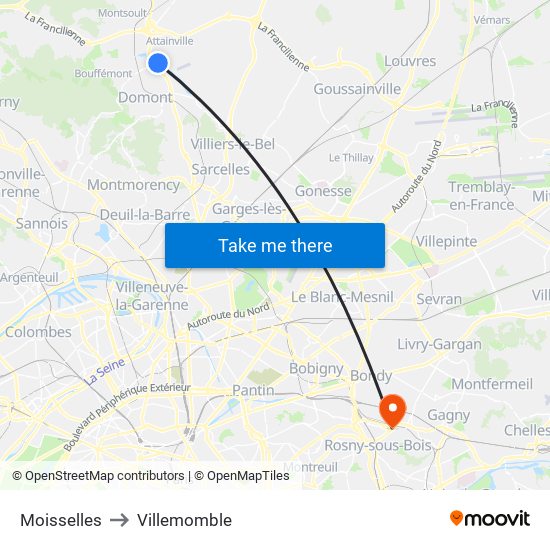 Moisselles to Villemomble map