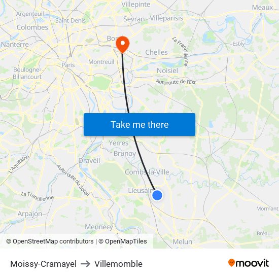 Moissy-Cramayel to Villemomble map