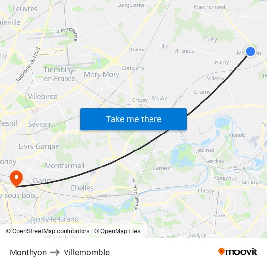 Monthyon to Villemomble map