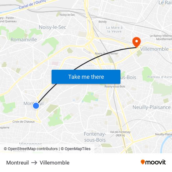 Montreuil to Villemomble map
