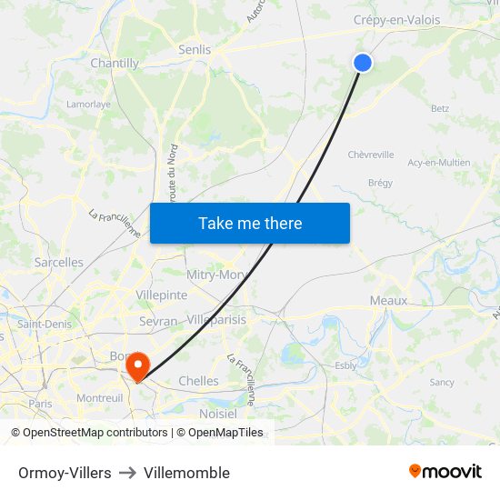 Ormoy-Villers to Villemomble map