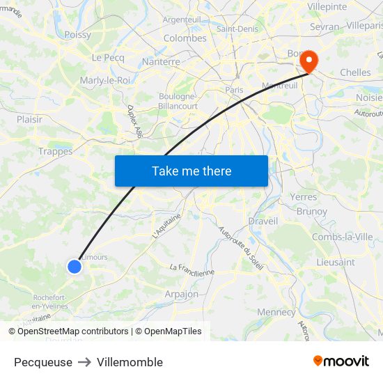 Pecqueuse to Villemomble map