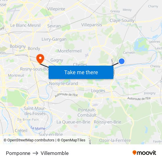 Pomponne to Villemomble map