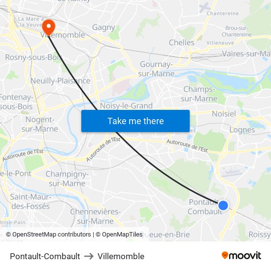 Pontault-Combault to Villemomble map