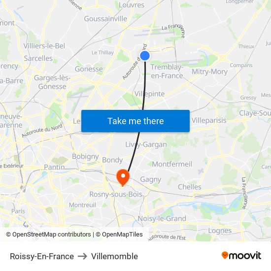 Roissy-En-France to Villemomble map