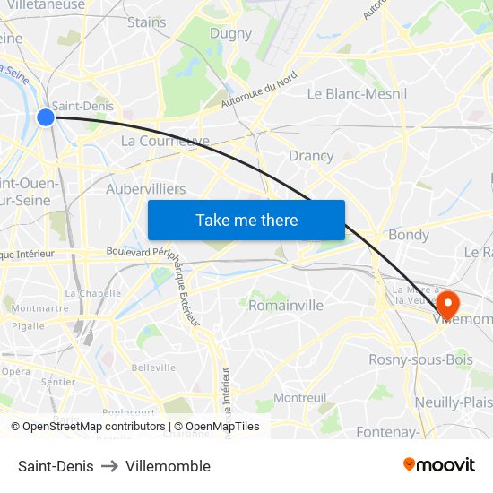 Saint-Denis to Villemomble map